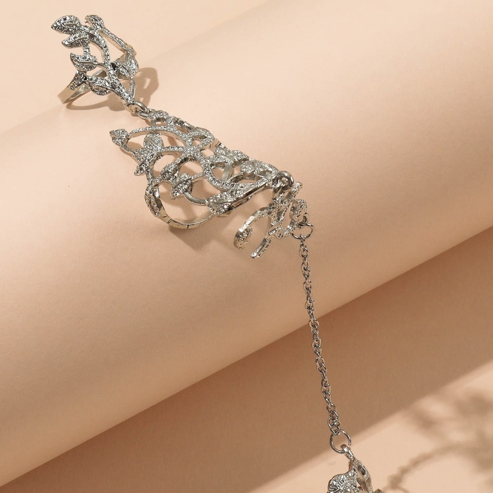 Silver Floral Chain Link Double Finger Ring / Rings Set - Picture 4 of 9